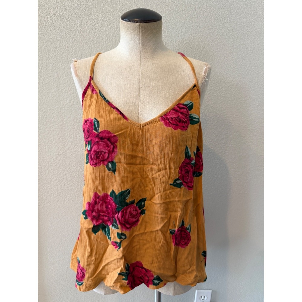 Volcom Womens XL Floral Cami Tank Top Mustard Rose Strappy Back Boho V Neck